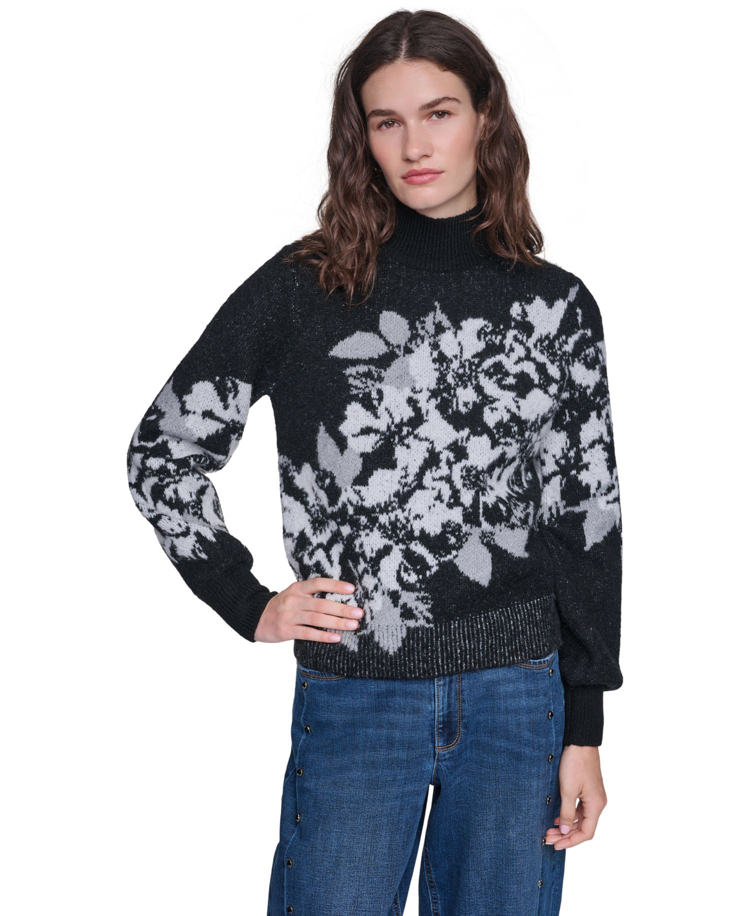 Women's Rose Mock Neck Floral-Print Sweater