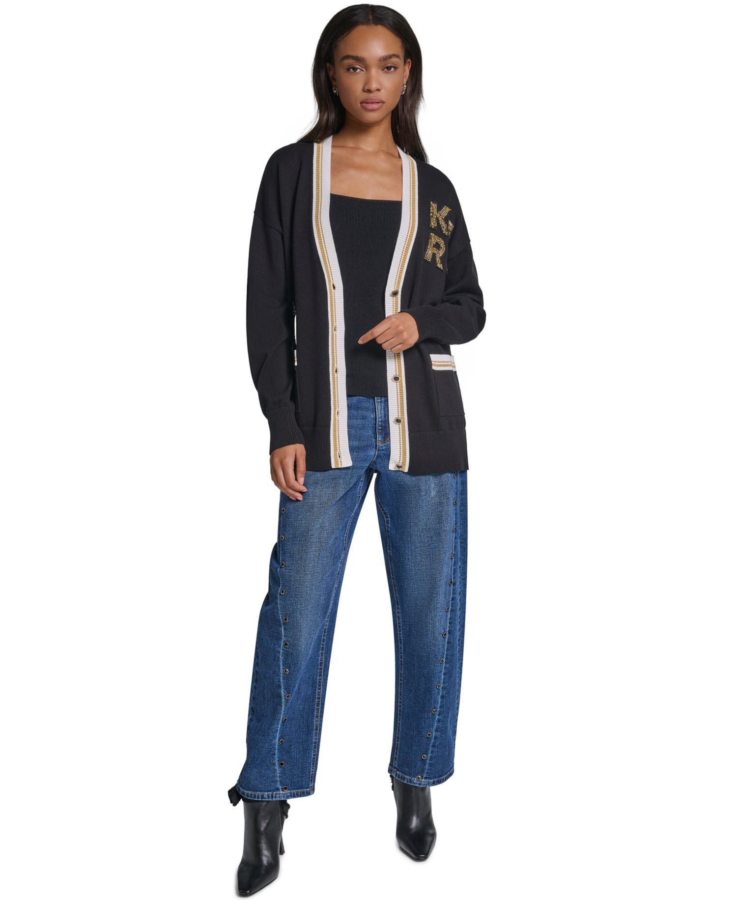 Women's Varsity Oversized Patch V-Neck Cardigan Sweater