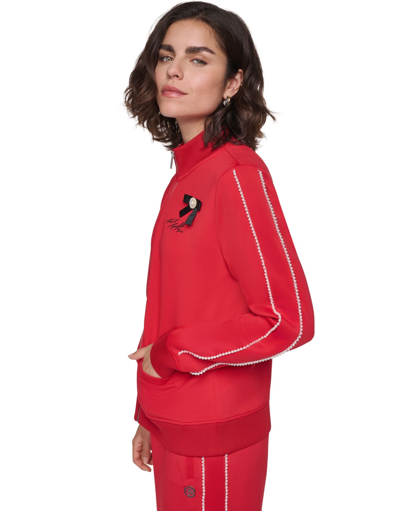 Женская куртка KARL LAGERFELD PARIS Pin and Bow Imitation Pearl-Trim Zip-Up, цвет: Красный — фото 3