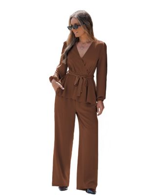 Women's Elegant V-Neck Top and Wide-Leg Pants Matching Set