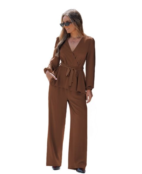 Cupshe Women's Elegant V-Neck Top and Wide-Leg Pants Matching Set, цвет: Коричневый