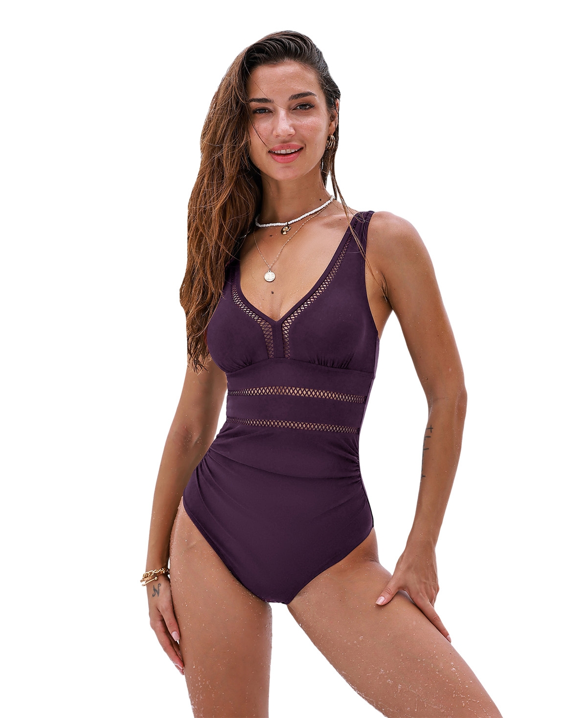 Cupshe Women's V-Neck One-Piece Swimsuit with Adjustable Straps and Back Hook - Purple
