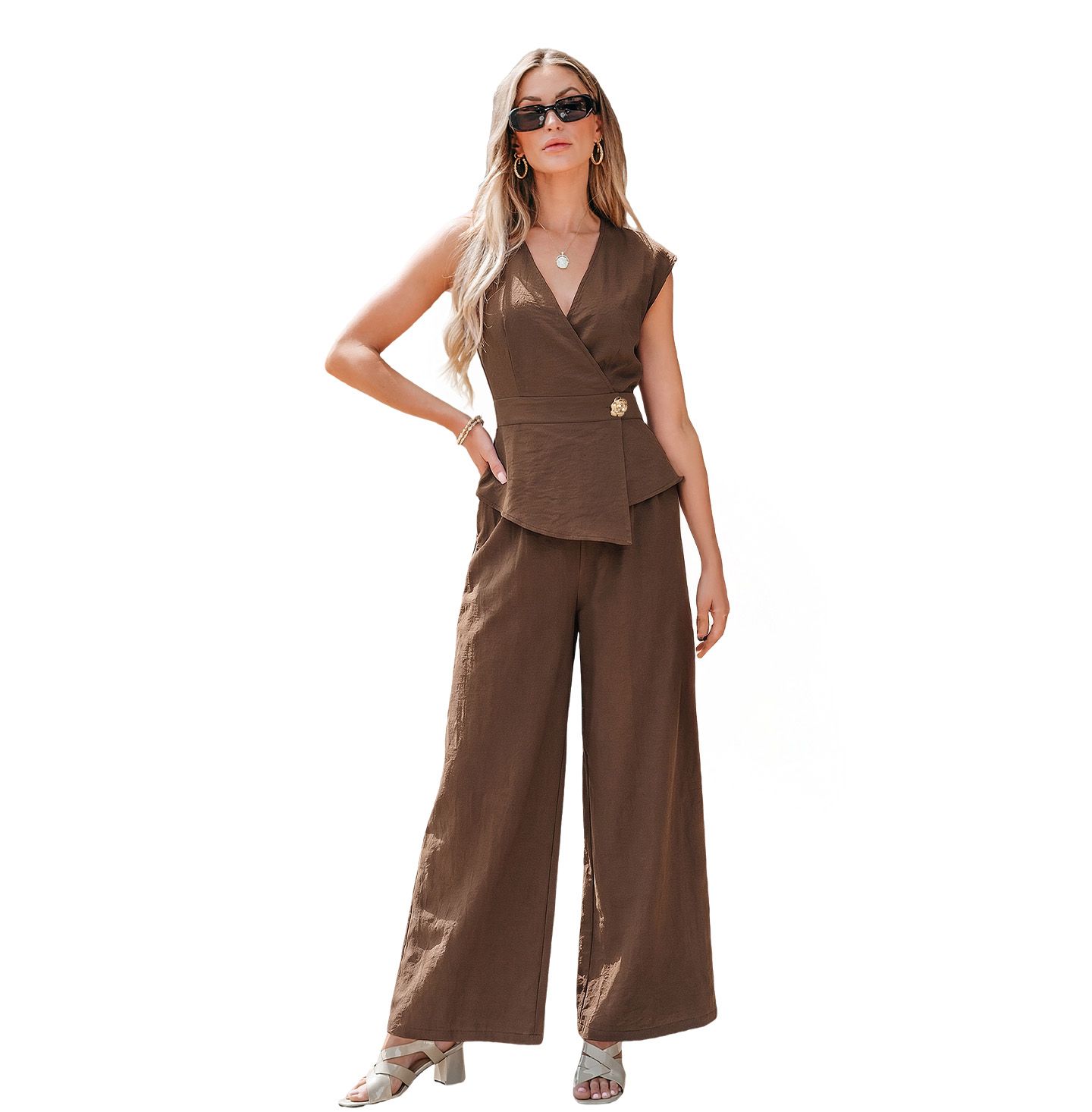 Cupshe Women's Wrap V-Neck Sleeveless Top and Wide-Leg Pants Matching Set, цвет: Коричневый — фото 1