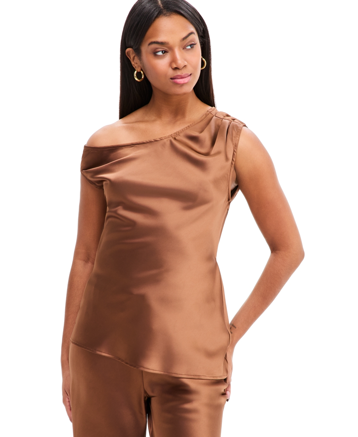 Bar Iii Women's Off-the-Shoulder Satin Asymmetrical Top, Macy's Exclusive - Toffee