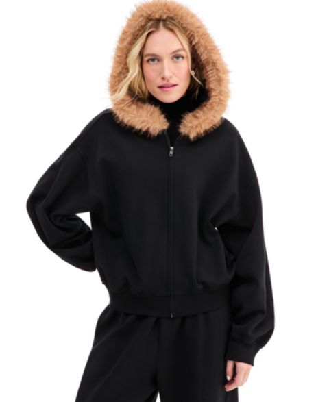 Женское худи Bar III Full-Zip Faux Fur Trim Scuba, цвет: Чёрный