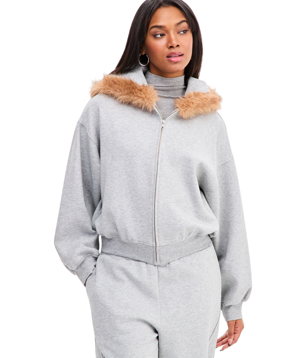 Bar Iii Women's Full-Zip Faux Fur Trim Scuba Hoodie, Macy's Exclusive - Heather Gray