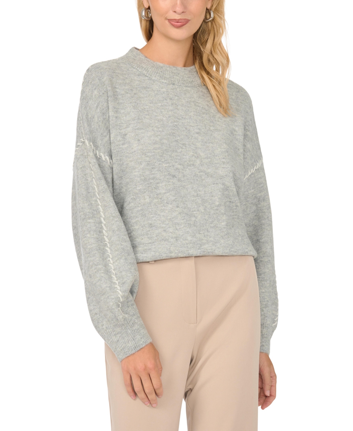Vince Camuto Women's Crewneck With Whipstitch Long Sleeve Loose-Fit Sweater