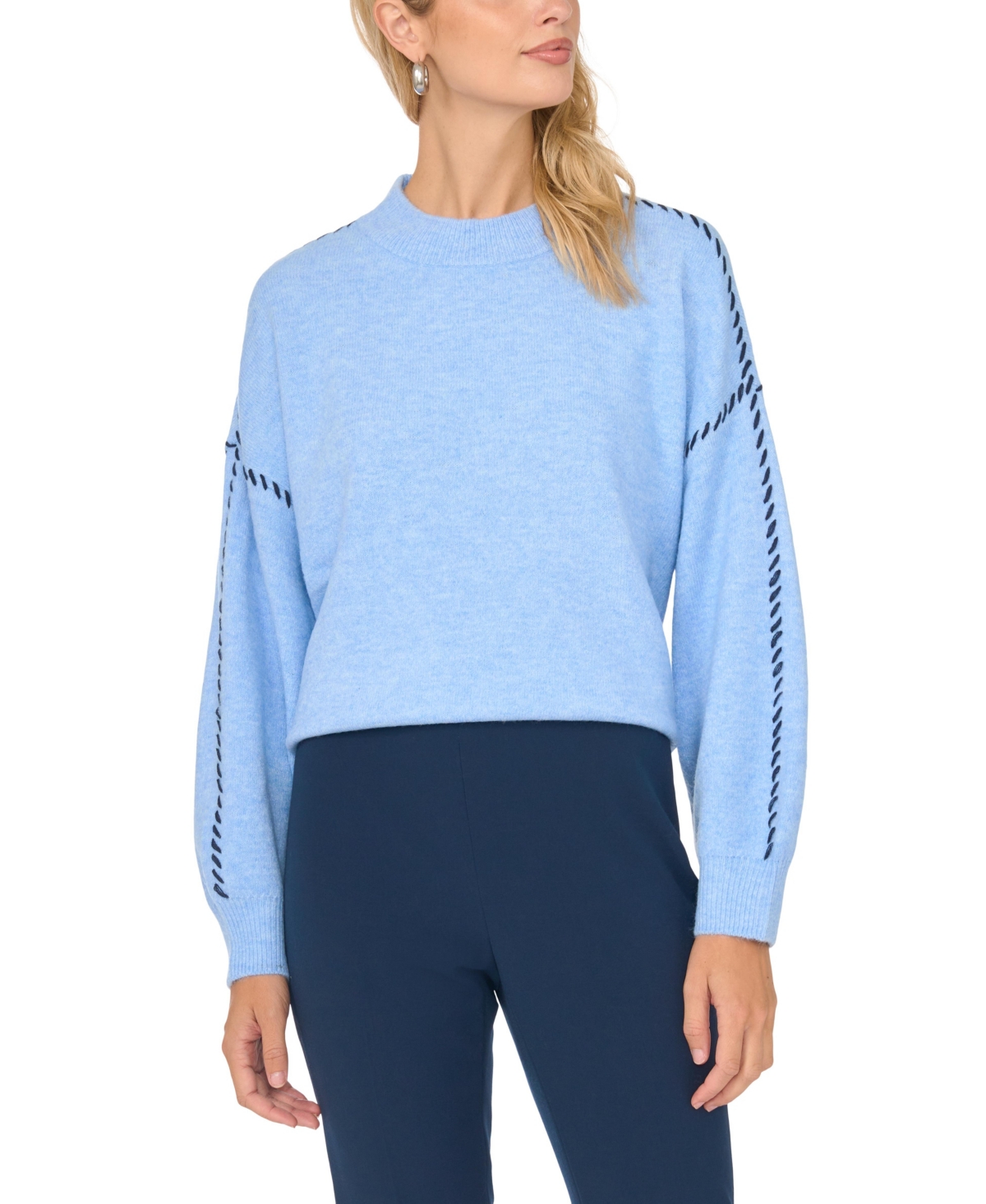 Vince Camuto Women's Crewneck With Whipstitch Long Sleeve Loose-Fit Sweater - Marine Blue