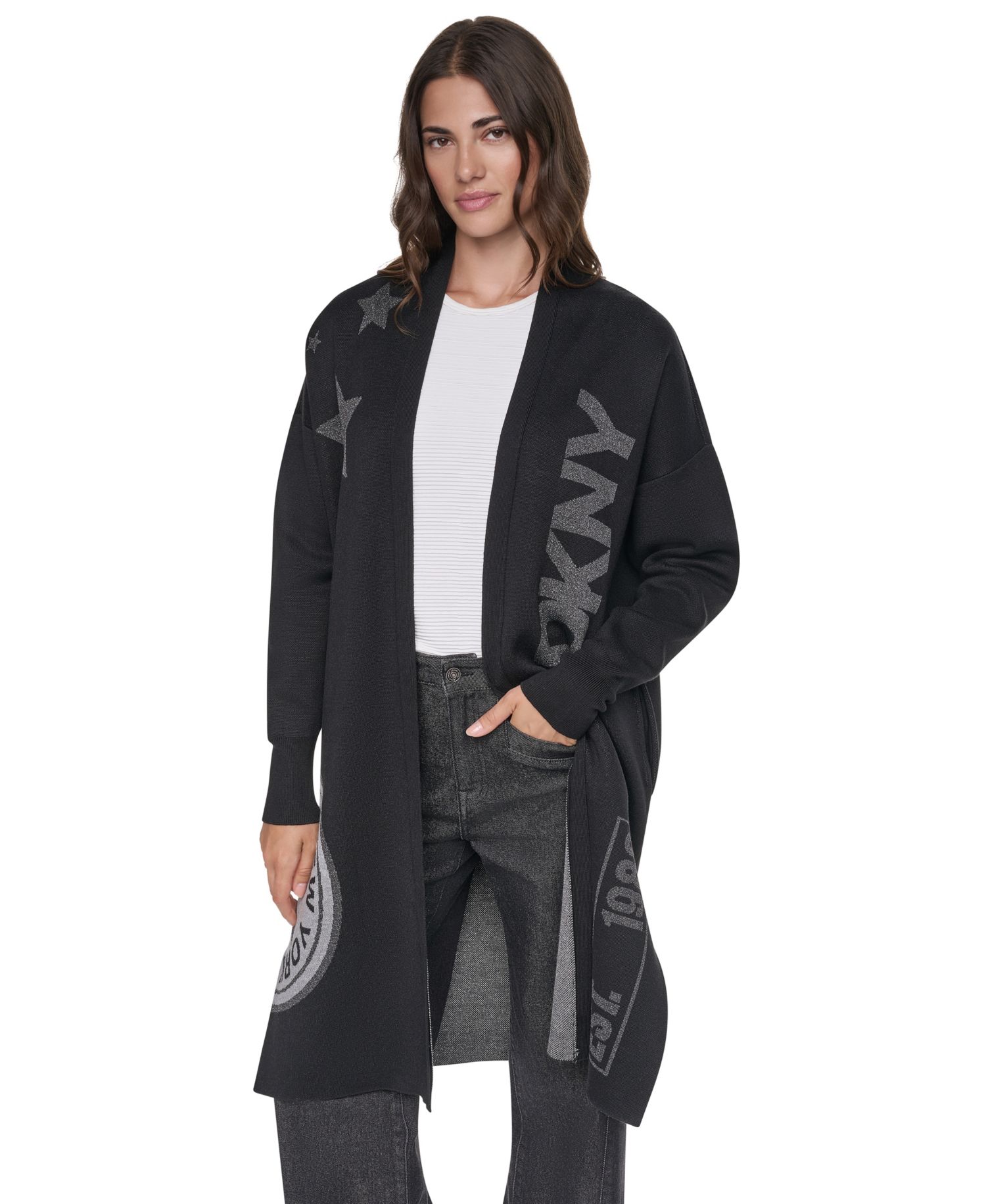 Women's Oversized Lurex Patch Open Front Cardigan Sweater