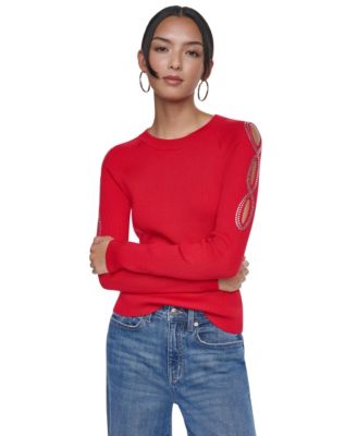 Women's Cold-Shoulder Studded Ribbed-Knit Sweater