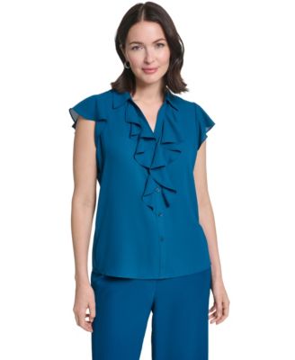 Women's Short-Sleeve Collared Ruffle-Front Blouse