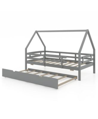 Twin House Bed with Trundle and Fence Rail