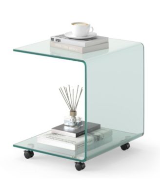 C Shaped End Table Modern Tempered Glass Side Table with Shelf
