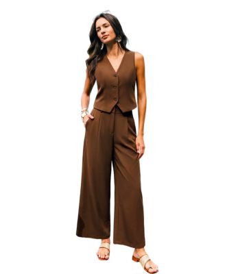 Women's Tailored V-Neck Vest and Wide-Leg Pants, 2-Piece Set