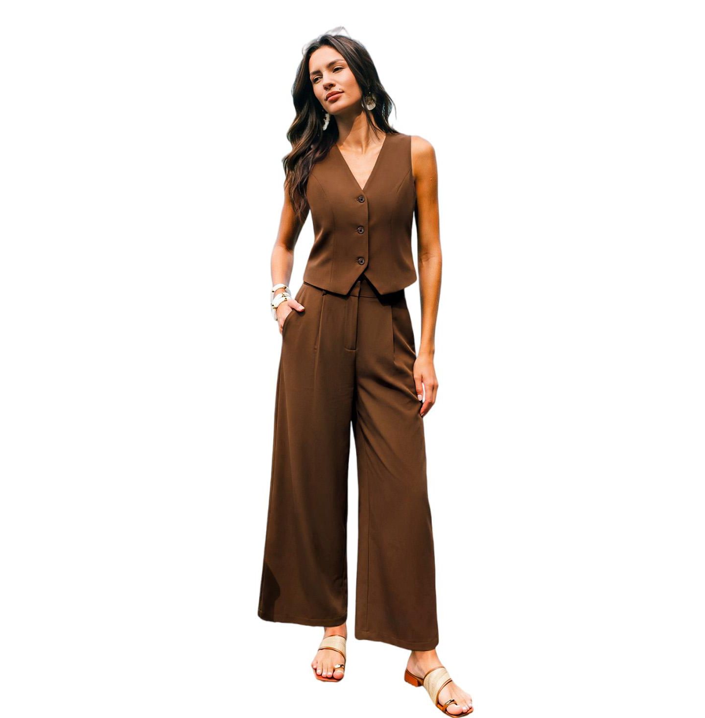 Женский комплект Cupshe Tailored V-Neck Vest and Wide-Leg Pants, 2-Piece Set, цвет: Коричневый — фото 1