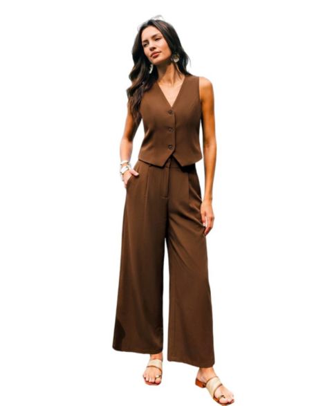 Женский комплект Cupshe Tailored V-Neck Vest and Wide-Leg Pants, 2-Piece Set, цвет: Коричневый