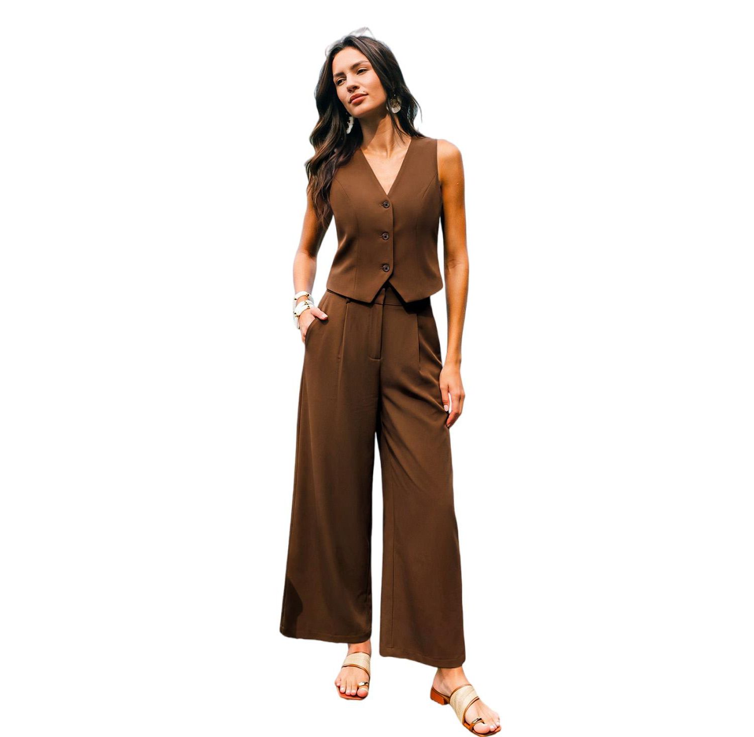 Women's Tailored V-Neck Vest and Wide-Leg Pants, 2-Piece Set