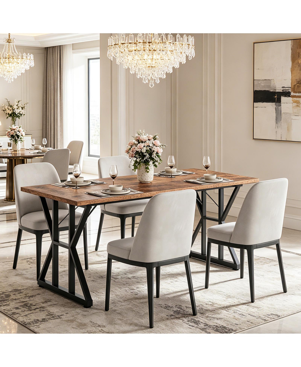 71 Inch Industrial Dining Table For 4 6, Waterproof Tabletop, Heavy Duty Metal Frame, Ergonomic Height, Space Saving, Modern Rustic For Home, Office