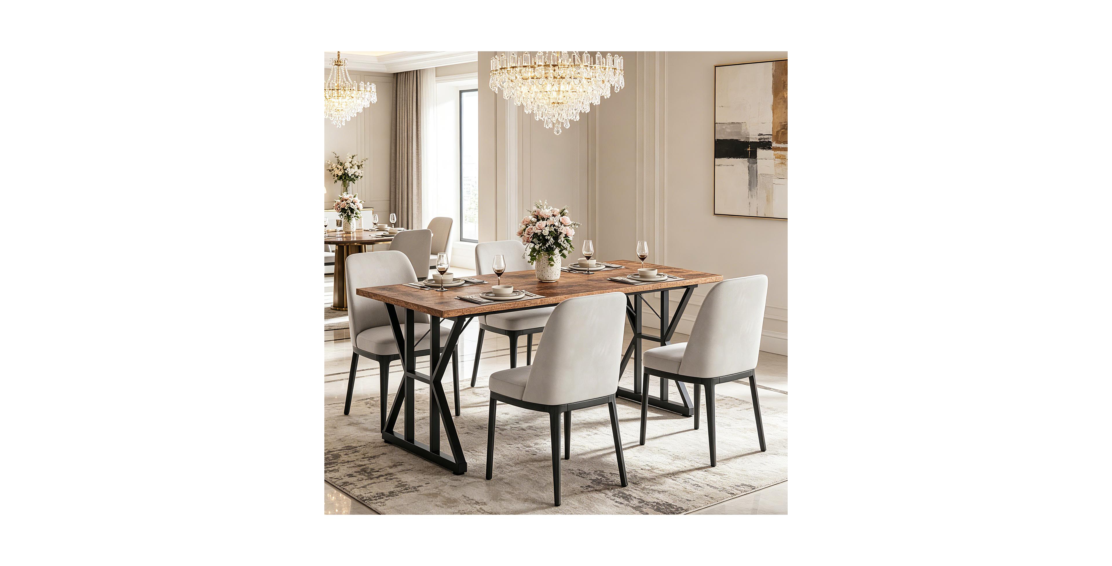 71 Inch Industrial Dining Table For 4 6, Waterproof Tabletop, Heavy Duty Metal Frame, Ergonomic Height, Space Saving, Modern Rustic For Home, Office