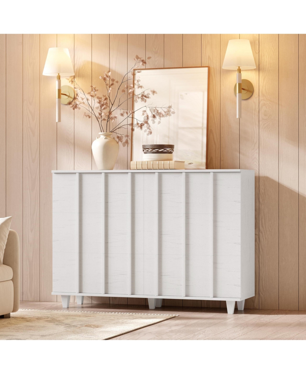 Modern Minimalist Fluted Wide Dresser Chest Of Drawers - 6 Drawer Clothing Storage Cabinet For Bedroom Small Space Nursery Living Room Or Entryway