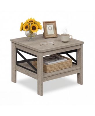 2 Tier Square Side Table with Storage Shelf and X Frame for Bedroom Living Room