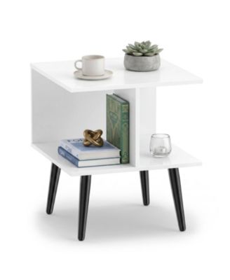 2 Tier Mid Century Modern End Table with 2 Compartments and Metal Legs