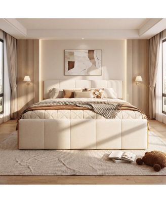  King Size Upholstered Bed Frame, White Fabric