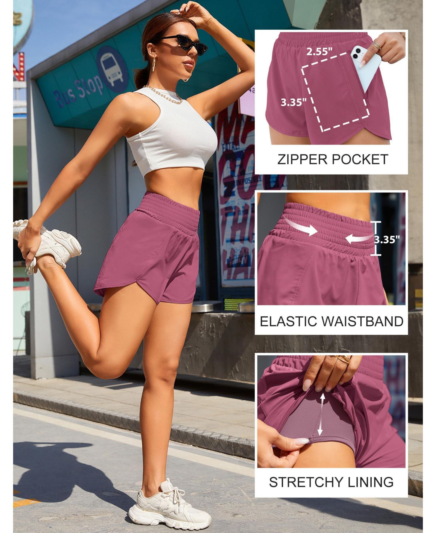 Women High Waisted Athletic Shorts Quick Dry Zipper Pocket Double Layer
