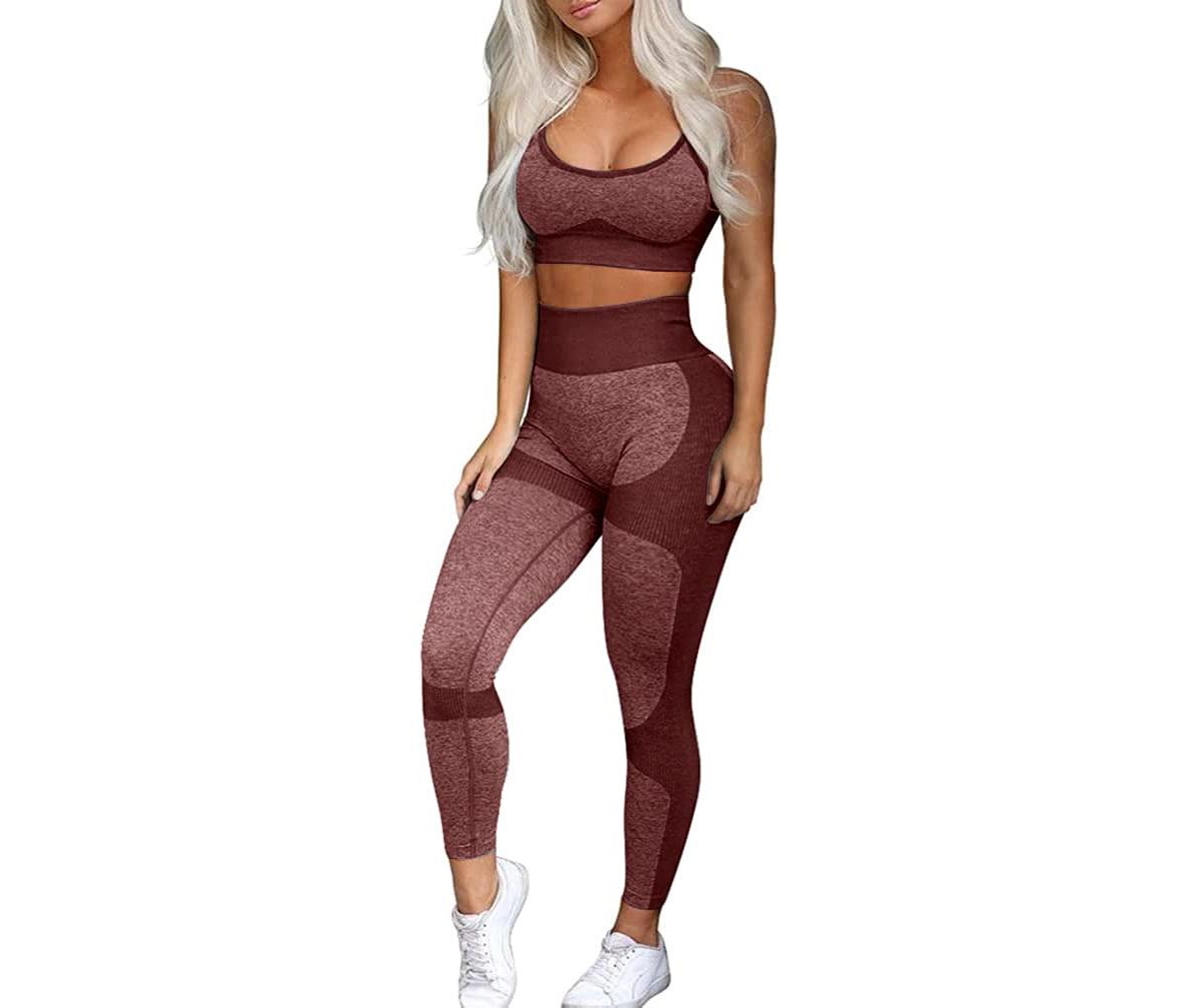 peneyon Women's Seamless High-Waisted Compression Sports Bra and Leggings, 2-Piece Set - Chocolate large