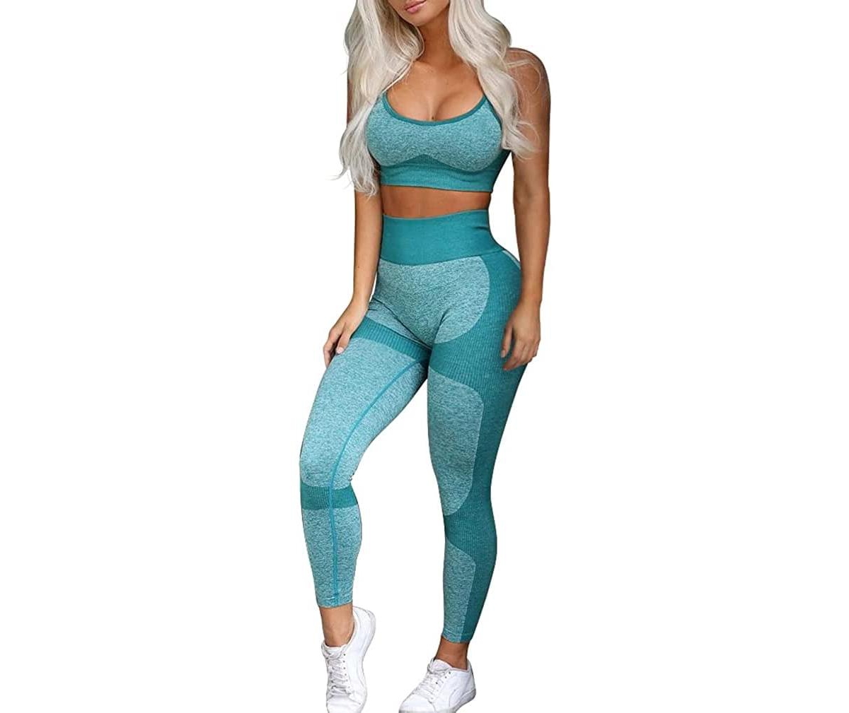 peneyon Women's Seamless High-Waisted Compression Sports Bra and Leggings, 2-Piece Set - Green medium