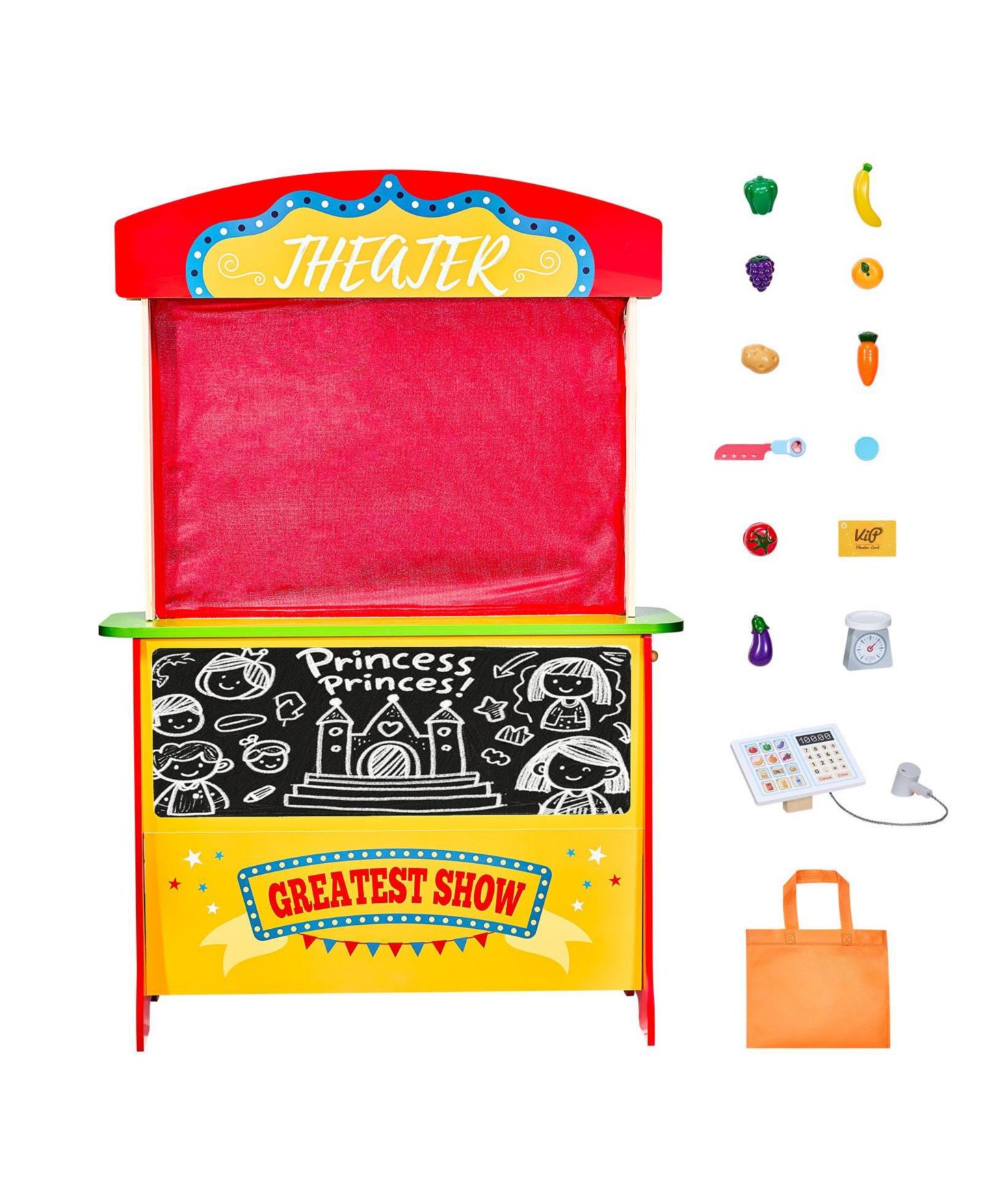 Детский игровой набор Mecale Puppet Theater and Grocery Store 2-in-1 Reversible 35-Piece Playset, Ages 3+, цвет: Красный — фото 9