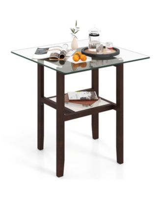 24 Inch 2 Tier Square Glass Coffee Table Center Table with Storage Shelf