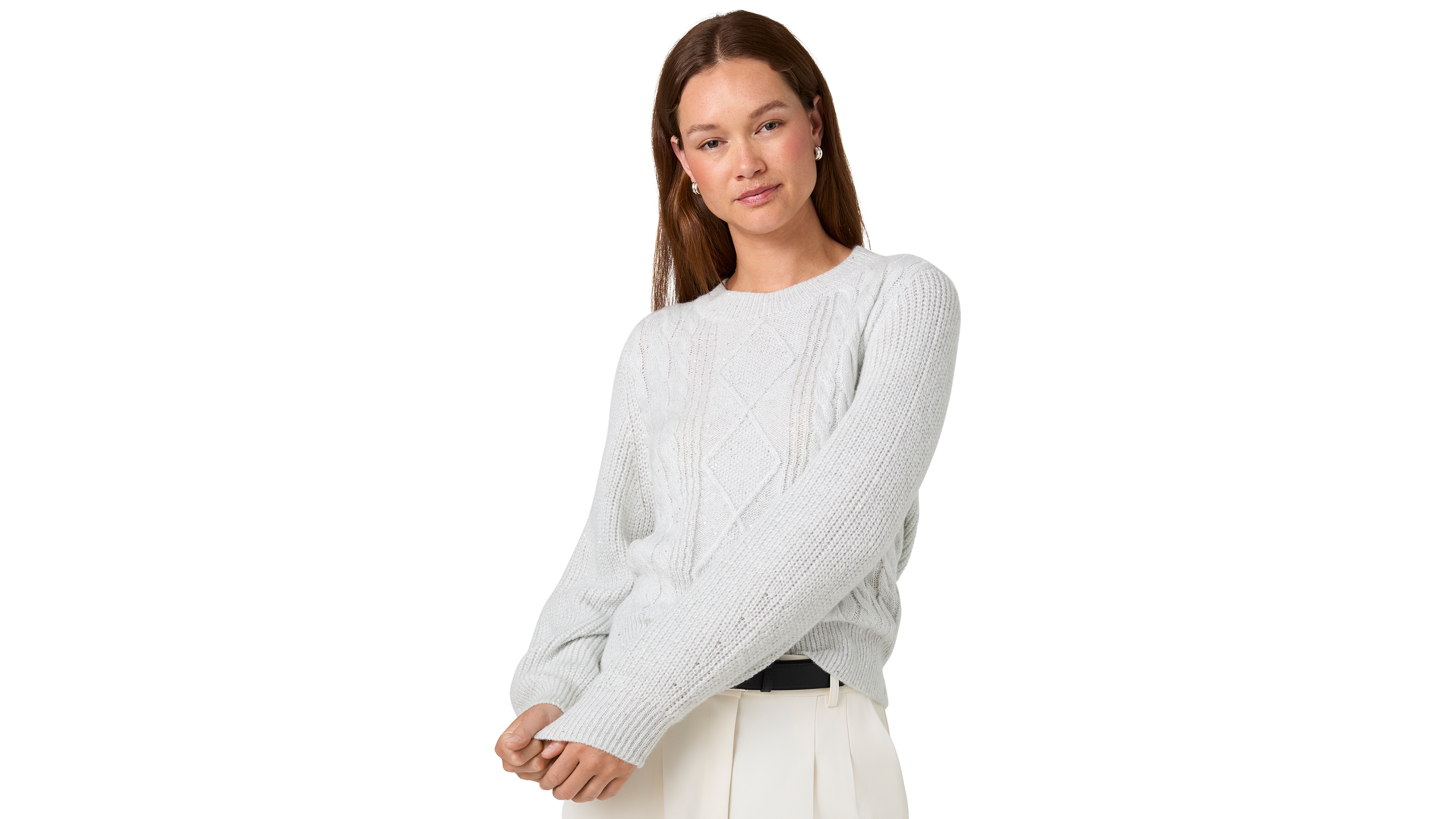 French Connection Women's Micro Sequin Cable-Knit Long-Sleeve Pullover