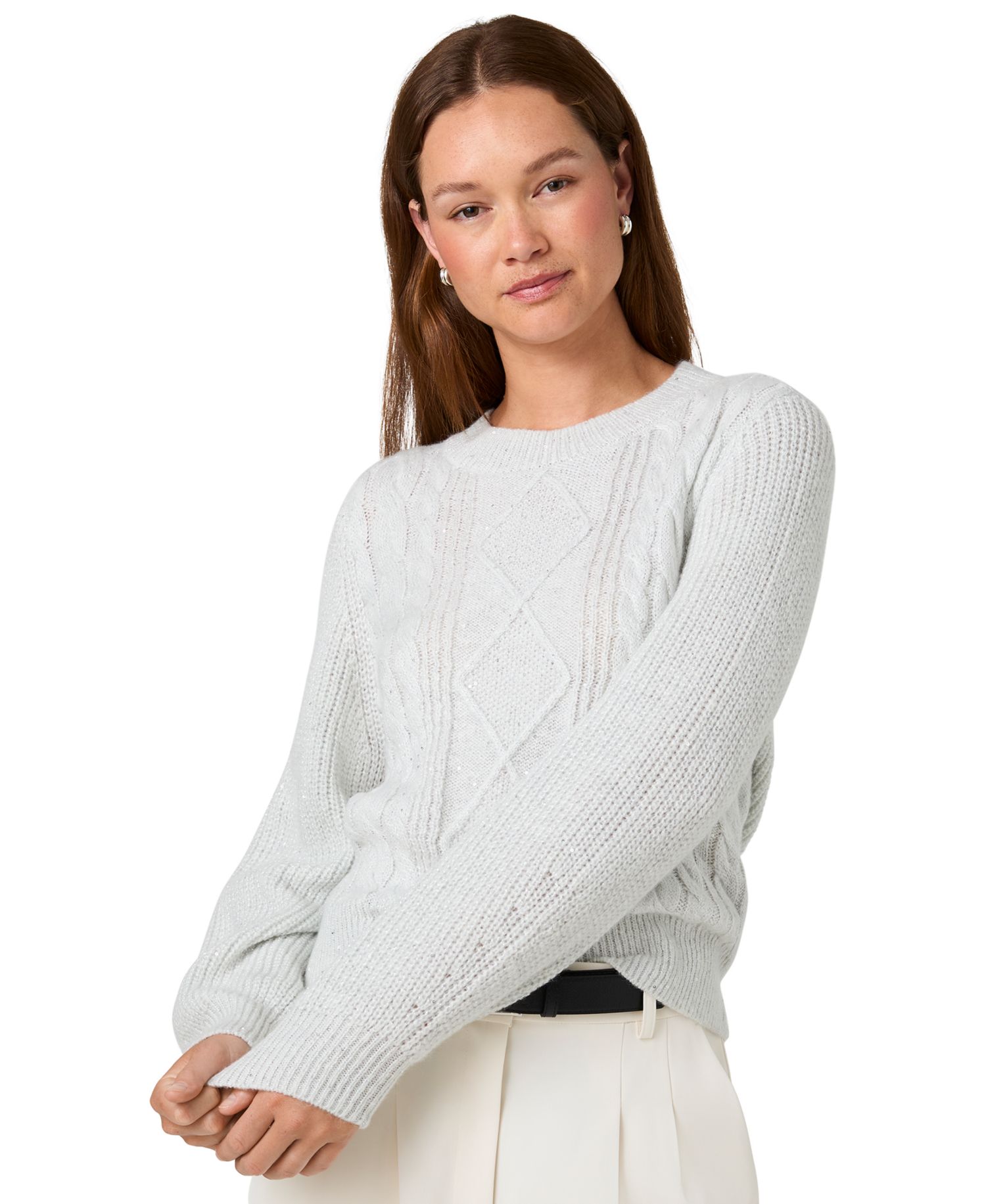 Women's Micro Sequin Cable-Knit Long-Sleeve Pullover
