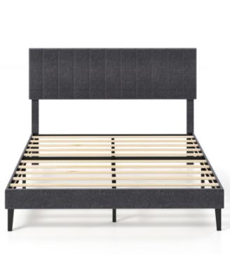 Velvet Upholstered Platform Bed with Height Adjustable Vertical Channel Headboard Queen Size