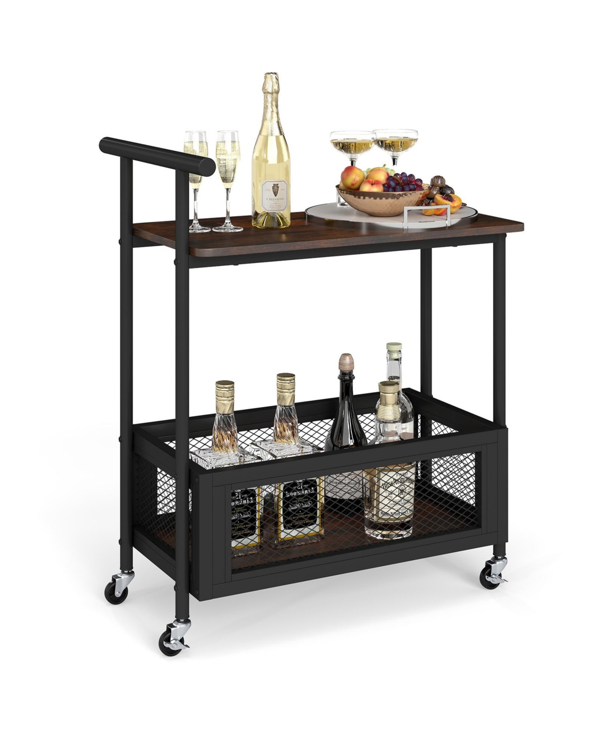 Mecale 2 Tier Rolling End Table with Handle and Mesh Basket Rustic