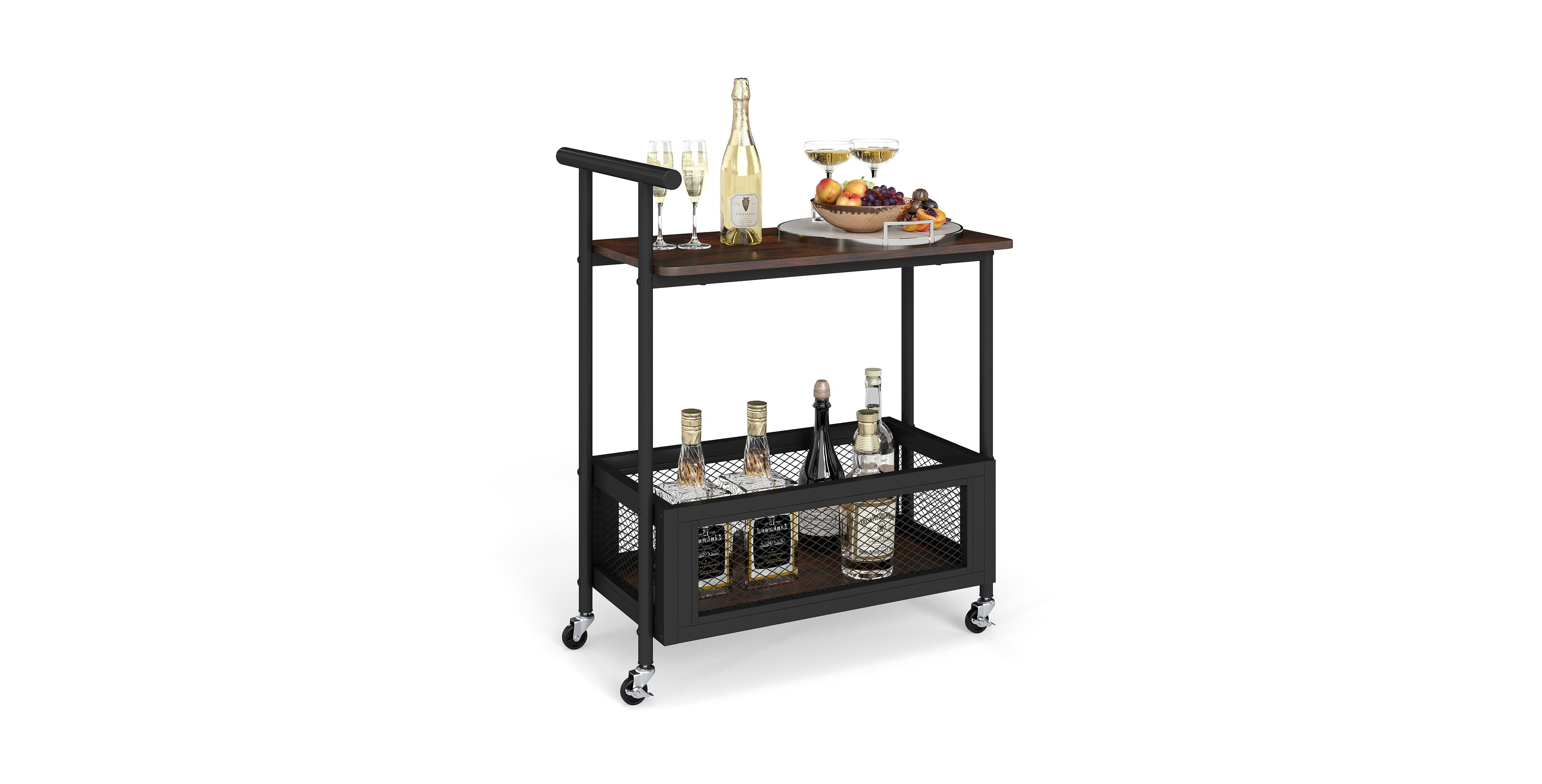 Mecale 2 Tier Rolling End Table with Handle and Mesh Basket Rustic