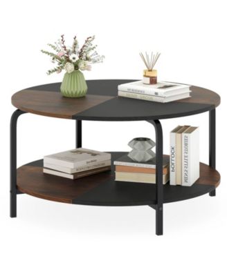 2 Tier Round Coffee Table Metal Frame with Storage Shelf