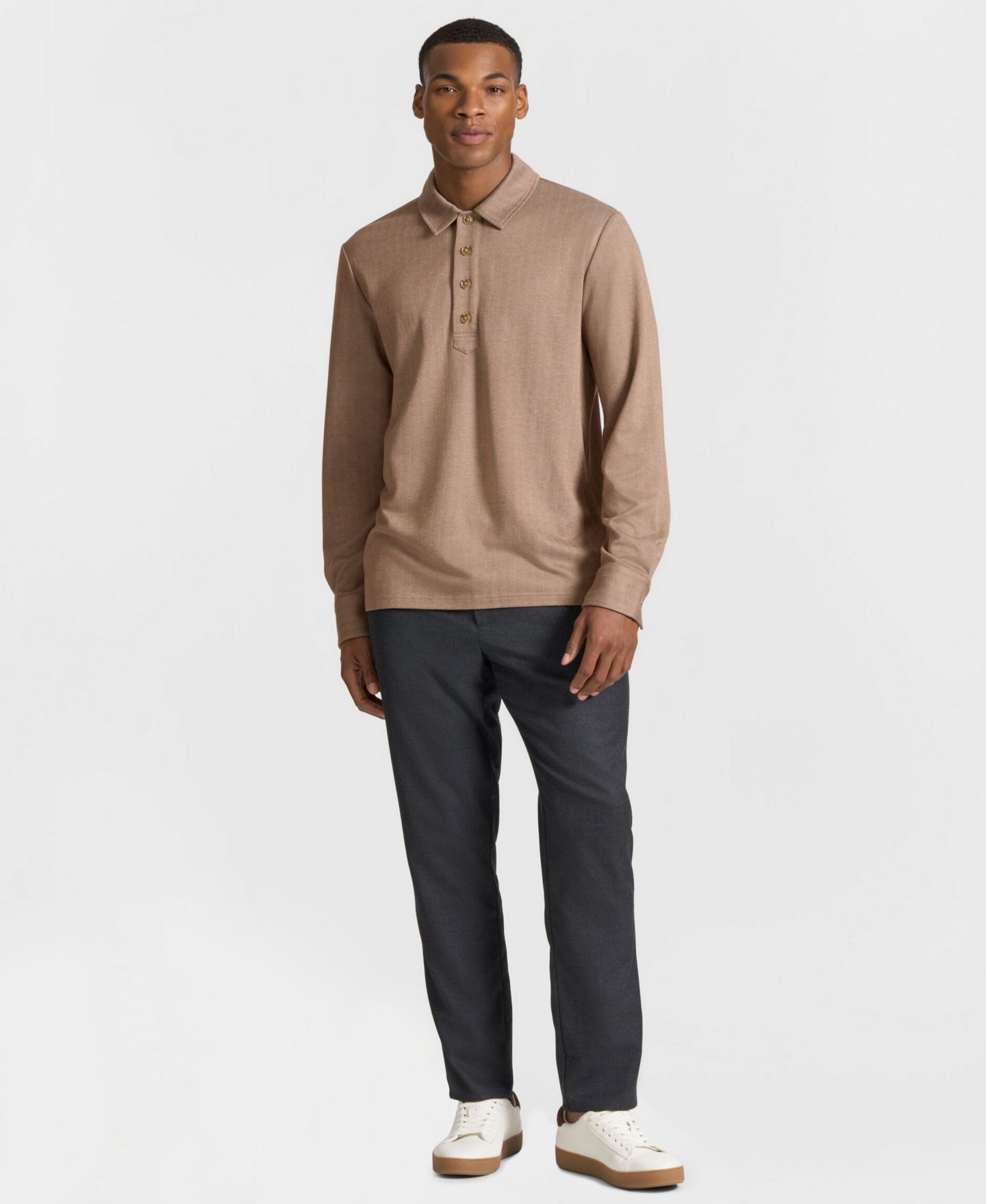 Мужское поло Ted by Ted Baker Clapham Long-Sleeve Herringbone Classic-Fit Polo Shirt, цвет: Коричневый — фото 2