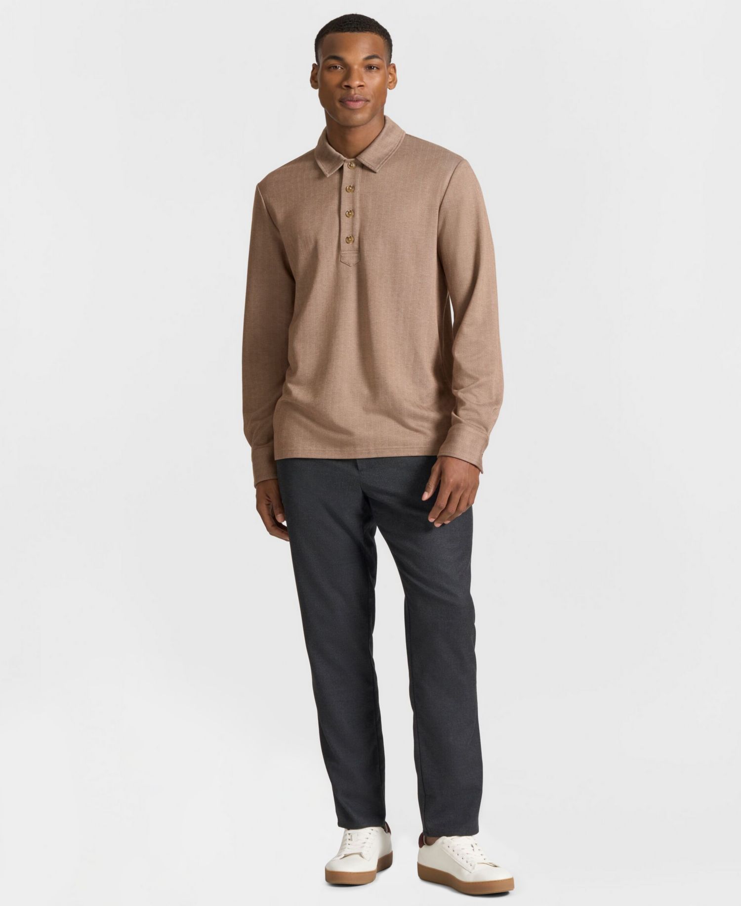 Men's Clapham Long-Sleeve Herringbone Classic-Fit Polo Shirt