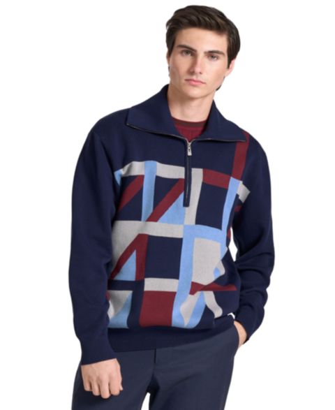 Мужской свитер Ted by Ted Baker Hanover Quarter-Zip Geometric Long-Sleeve Sweater, цвет: Синий
