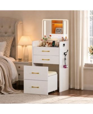 Mini Dressing Table Vanity Set 3 in 1 Integrated Makeup Desk with Flip Top LED Mirror and Storage Chair for Bedroom Apartment Dormitory
