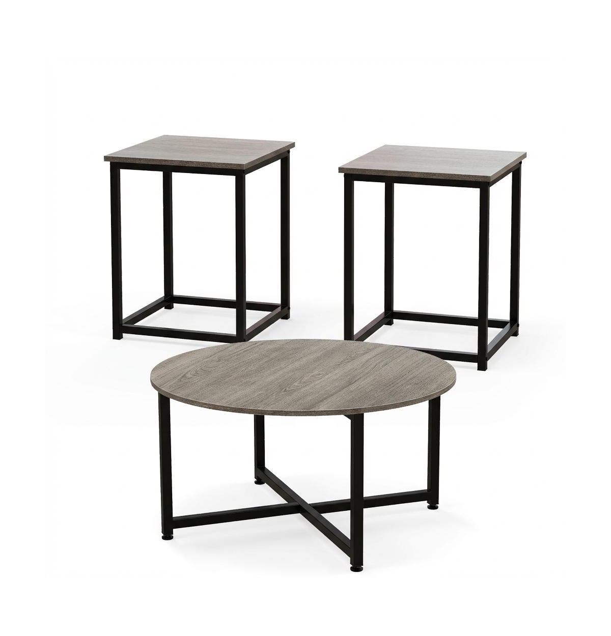 Mecale 3 Piece Coffee Table Set Round Coffee Table and 2PCS Square End - Gray