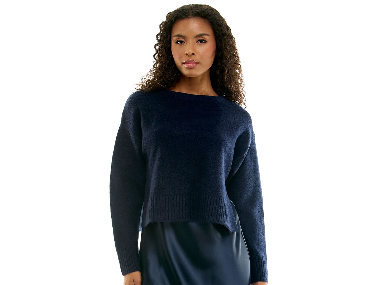 INVITEE Juniors' 2-Piece Satin Midi Slip & Pullover Sweater Set, цвет: Тёмно-синий — фото 3