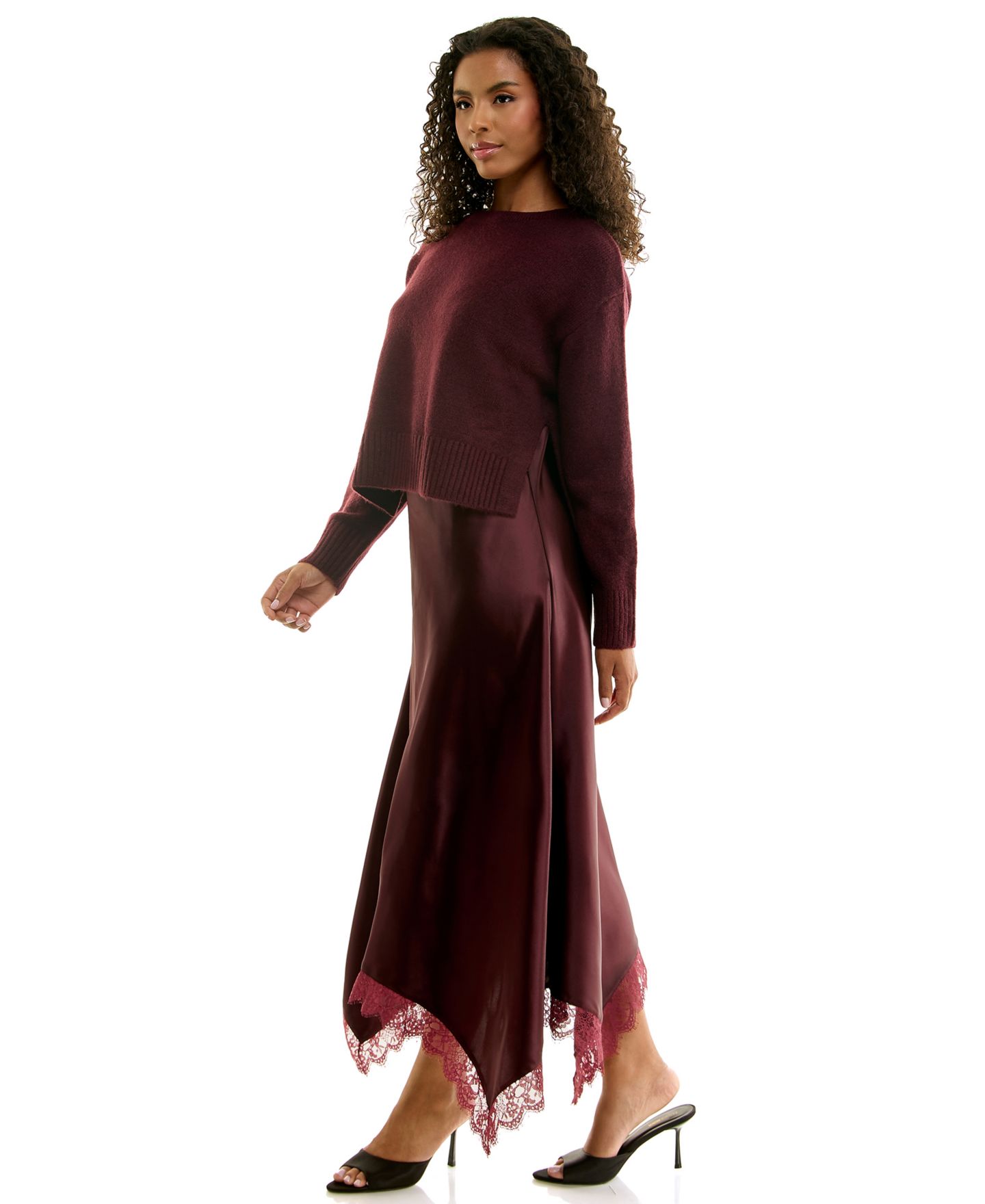 INVITEE Juniors' Crewneck Lace-Trim Long-Sleeve Sweater and Satin Maxi Slip Dress, 2-Piece Set, цвет: Винный — фото 4
