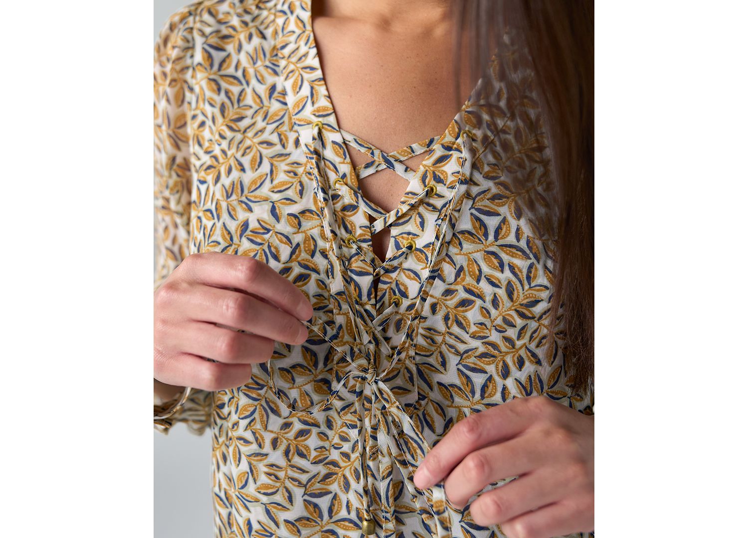 Women's Long-Sleeve V-Neck Lace-Up Front Blouse