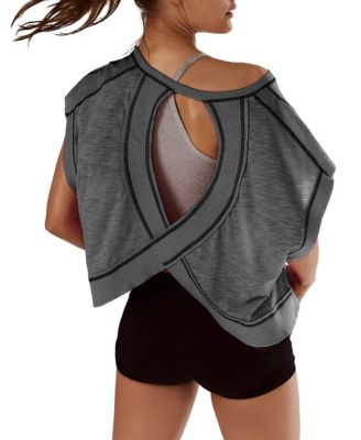 Women Short Sleeve Crop Workout Tops Open Back Athletic Gym Yoga Tees