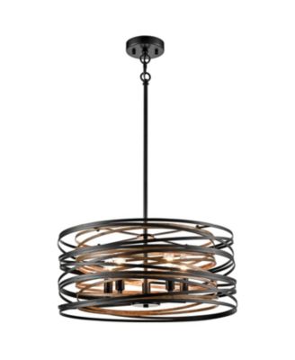 Rustic Metal 5-Light Chandelier Farmhouse Pendant Light with Wood Grain Shade