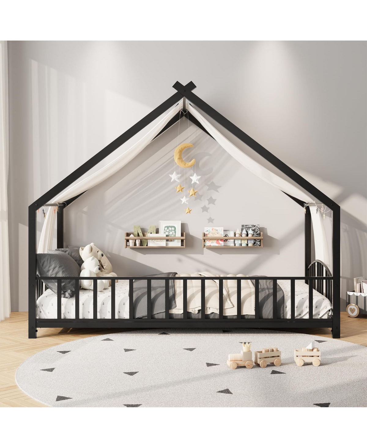 homfan Low Profile Floor Bed Frame with Roof, Sturdy Metal Montessori House Bed with Safety Guardrails and Diy Canopy Design