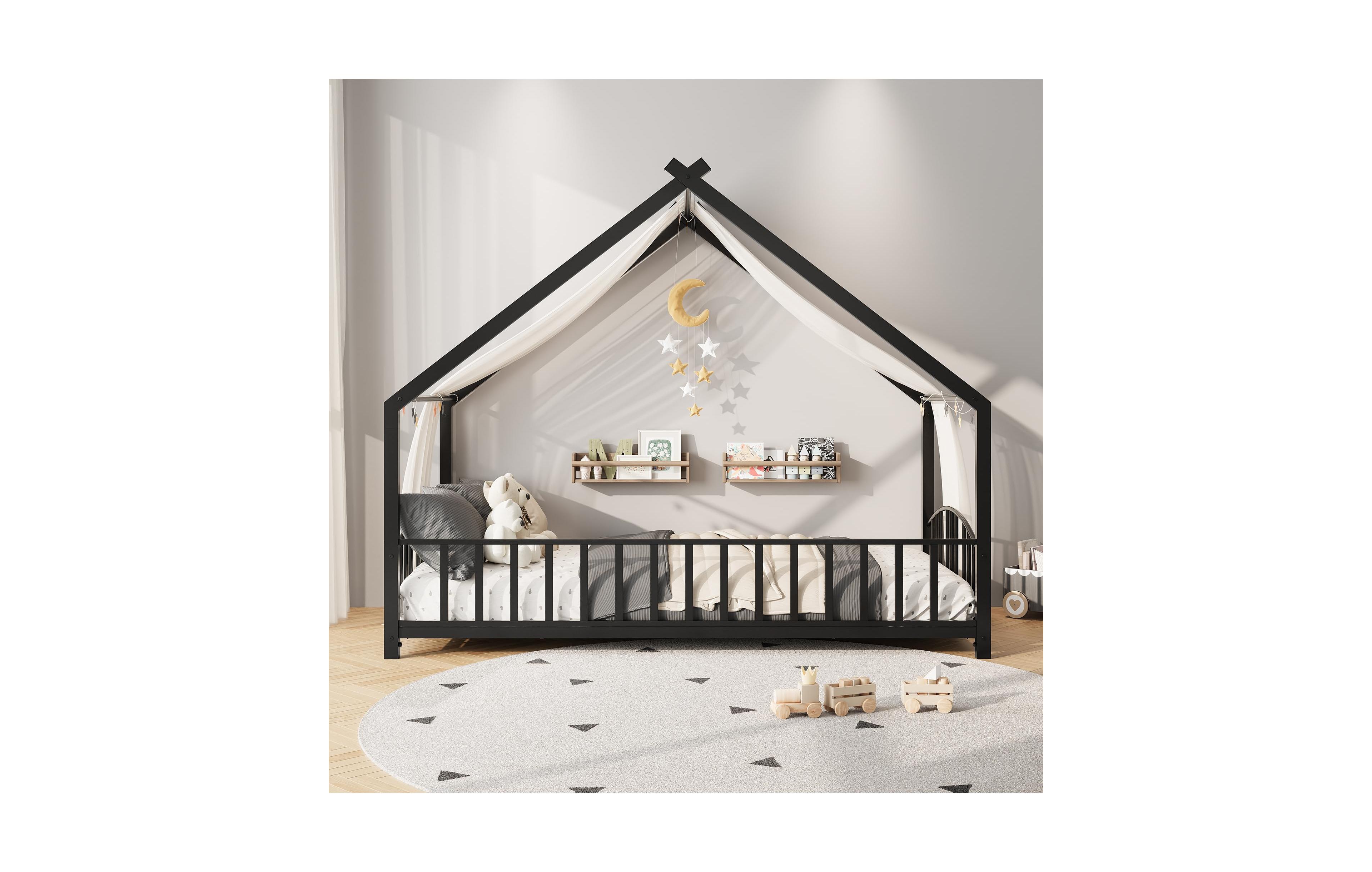 homfan Low Profile Floor Bed Frame with Roof, Sturdy Metal Montessori House Bed with Safety Guardrails and Diy Canopy Design